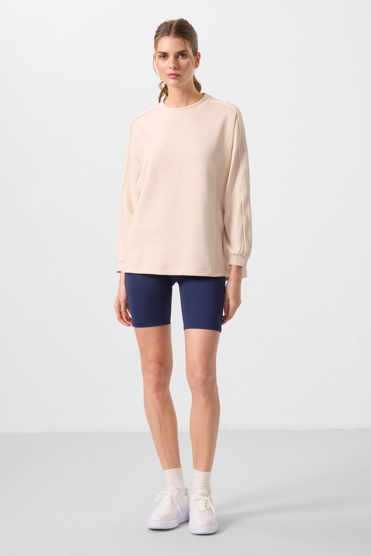 Soft Textured Beige O Collar Oversize Women's Tunic Sweatshirt - 97303