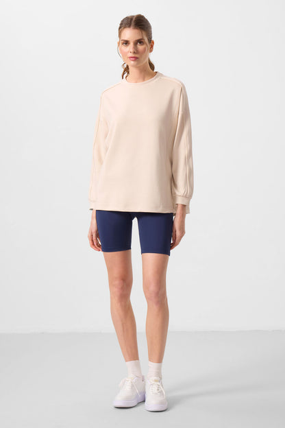 Soft Textured Beige O Collar Oversize Women's Tunic Sweatshirt - 97303
