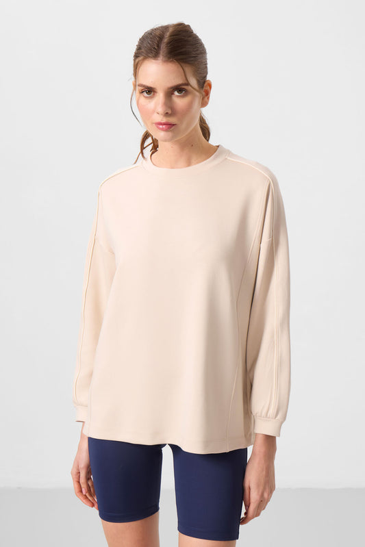 Soft Textured Beige O Collar Oversize Women's Tunic Sweatshirt - 97303