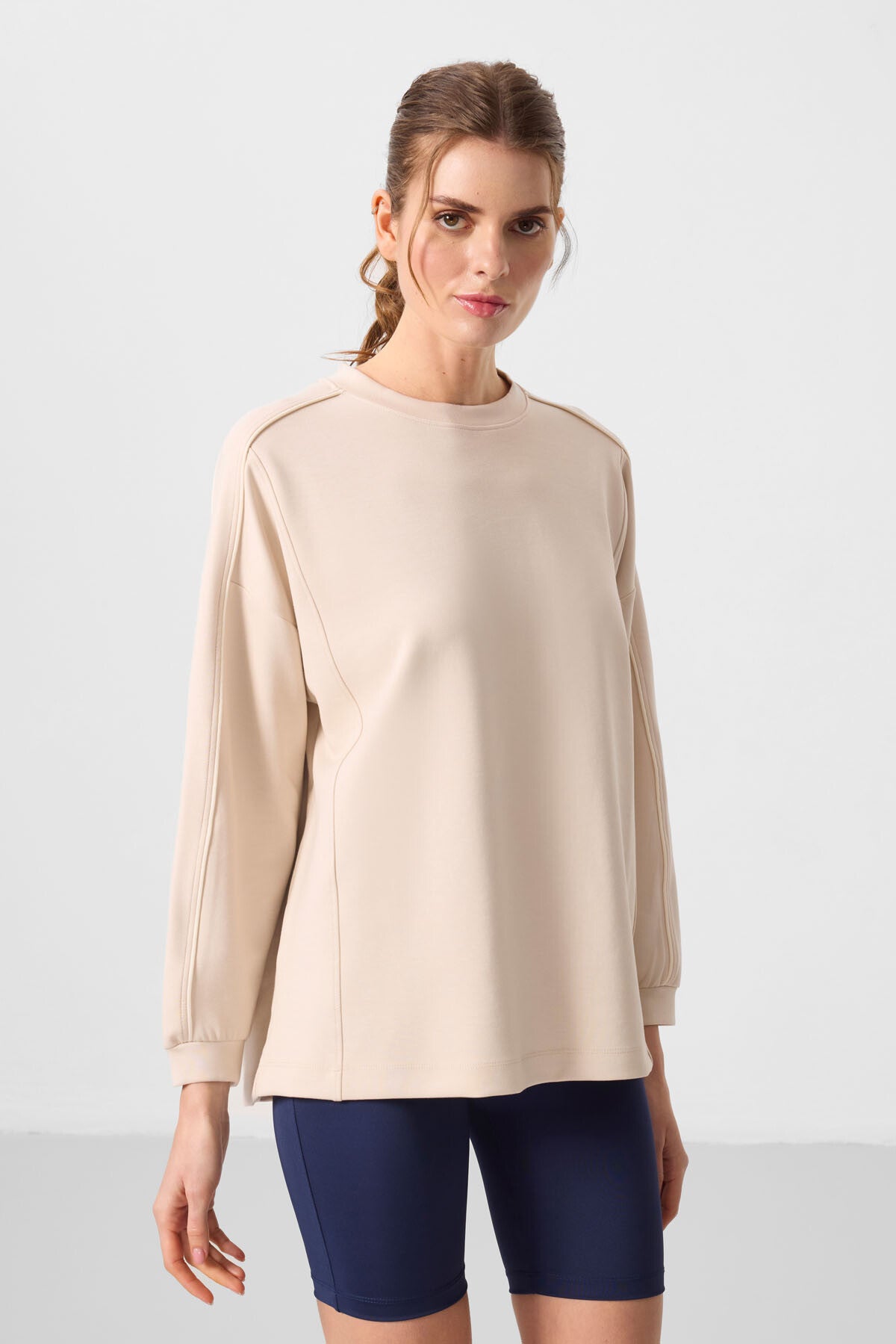 Soft Textured Beige O Collar Oversize Women's Tunic Sweatshirt - 97303