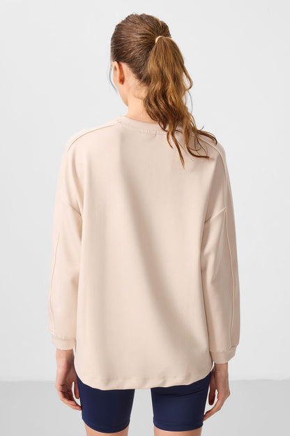 Soft Textured Beige O Collar Oversize Women's Tunic Sweatshirt - 97303