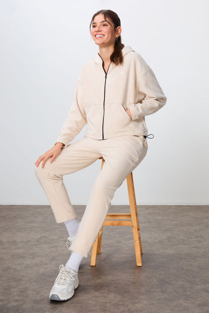 Thick Soft Textured Hooded Oversize Embroidered Fleece Women's Tracksuit Set -95338