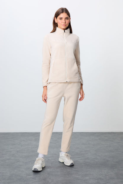 Thick Soft Textured High Collar Oversize Embroidered Fleece Women's Tracksuit Set -95339