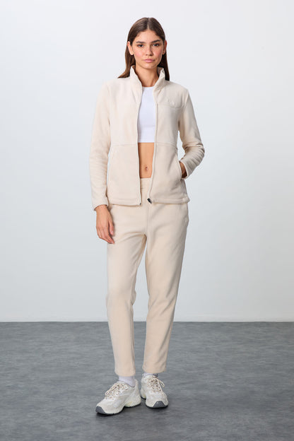 Thick Soft Textured High Collar Oversize Embroidered Fleece Women's Tracksuit Set -95339