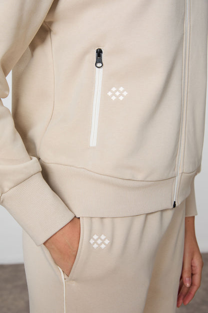 Women's Oversize Fit Thick Smooth Textured Stand Collar Compact Cotton Tracksuit Set - 95340