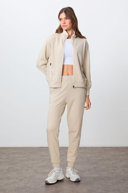Women's Oversize Fit Thick Smooth Textured Stand Collar Compact Cotton Tracksuit Set - 95340