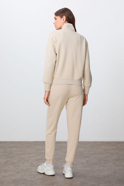 Women's Oversize Fit Thick Smooth Textured Stand Collar Compact Cotton Tracksuit Set - 95340