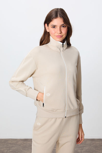 Women's Oversize Fit Thick Smooth Textured Stand Collar Compact Cotton Tracksuit Set - 95340