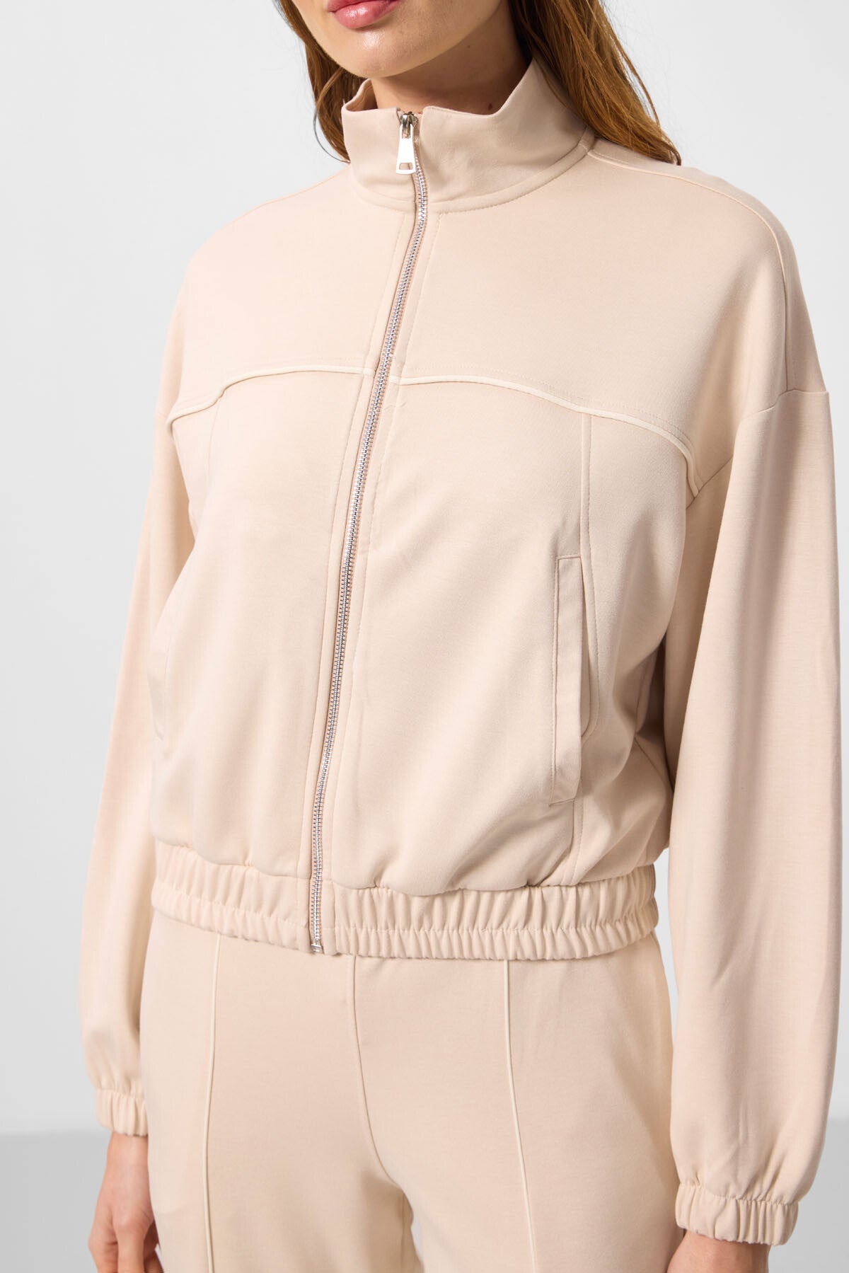 Soft Woven High Collar Oversize Elastane Women's Tracksuit Set - 95349