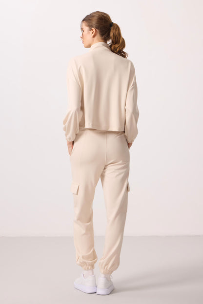 Soft Woven High Collar Hidden Zipper Oversize Women's Tracksuit Set - 95351