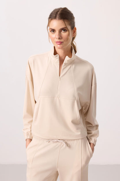 Soft Woven High Collar Hidden Zipper Oversize Women's Tracksuit Set - 95351