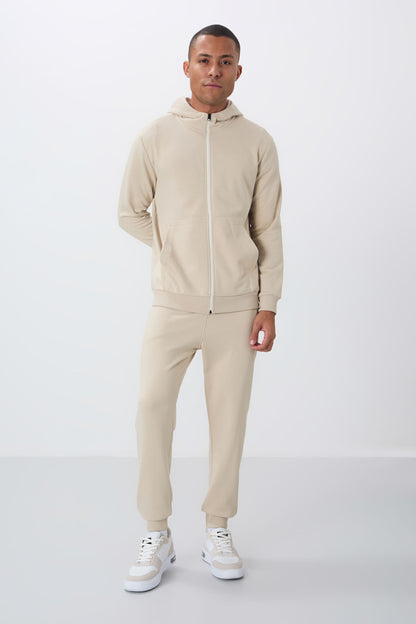 Compact Knit Cotton Thick Smooth Textured Hooded Comfort Fit Men's Tracksuit Set - 85262