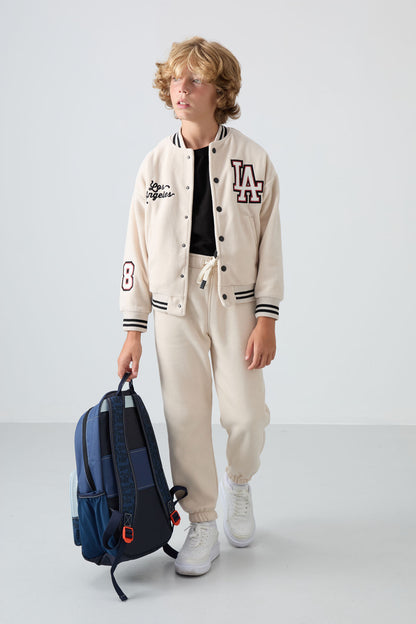 Thick, Soft Textured Standard Fit Embroidered Fleece Boys' College Jacket - 11227