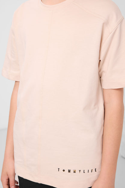 Beige cotton oversized basic boy's T-shirt - 11297