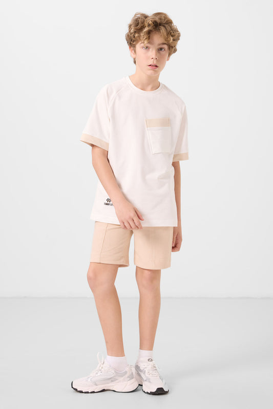 Beige cotton soft woven Standard Fit Basic Shorts - 11289