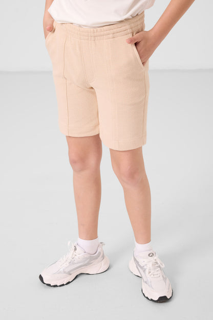 Beige cotton soft woven Standard Fit Basic Shorts - 11289