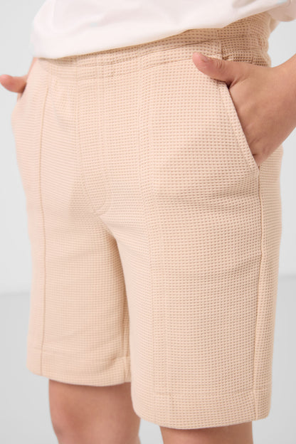 Beige cotton soft woven Standard Fit Basic Shorts - 11289
