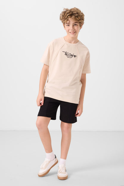 Beige cotton soft-weave oversize printed T-Shirt - 11285