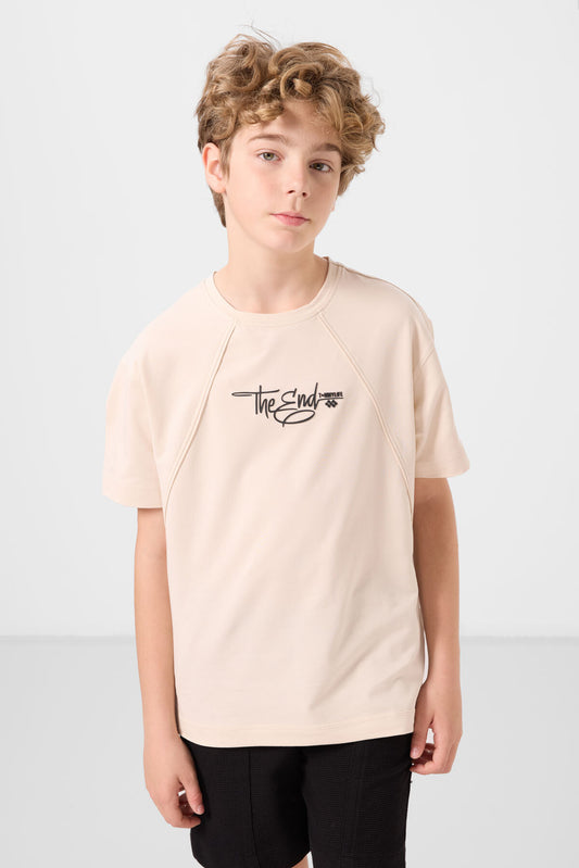 Beige cotton soft-weave oversize printed T-Shirt - 11285