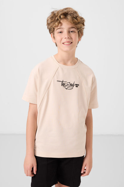 Beige cotton soft-weave oversize printed T-Shirt - 11285