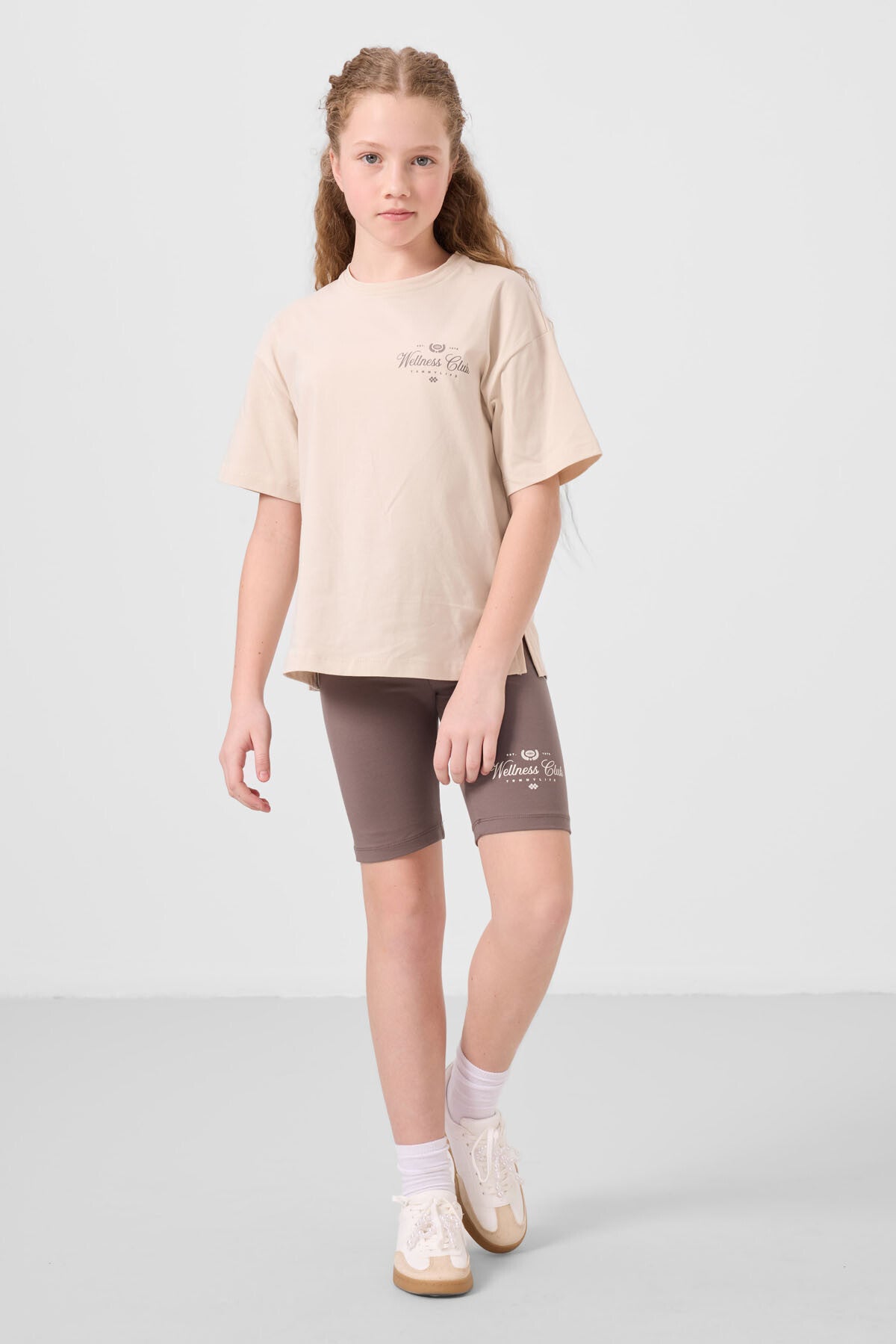 Beige-brown cotton O Collar Standard Fit Printed Girls Tights Set - 75190