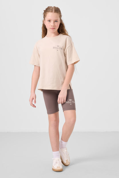 Beige-brown cotton O Collar Standard Fit Printed Girls Tights Set - 75190