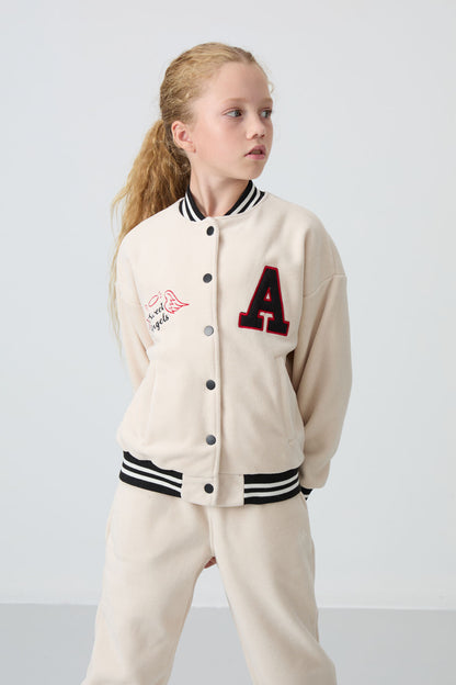 Thick Soft Textured Standard Fit Embroidered Fleece Girls' College Jacket - 75156