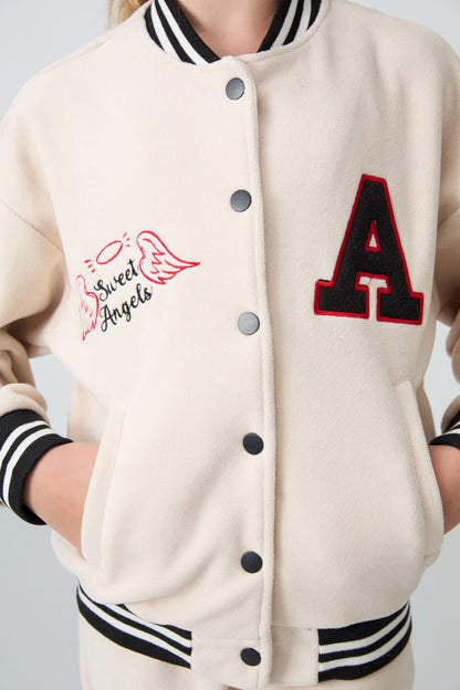 Thick Soft Textured Standard Fit Embroidered Fleece Girls' College Jacket - 75156