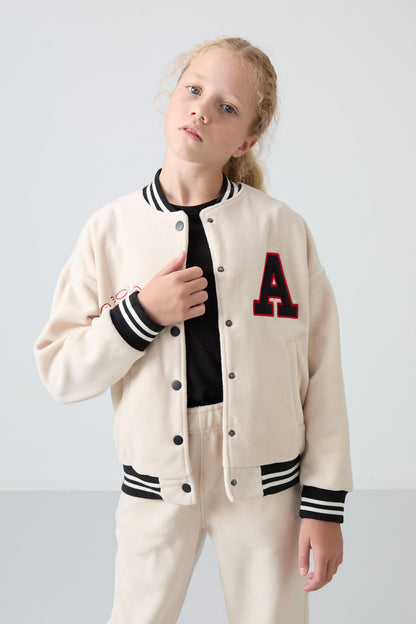 Thick Soft Textured Standard Fit Embroidered Fleece Girls' College Jacket - 75156