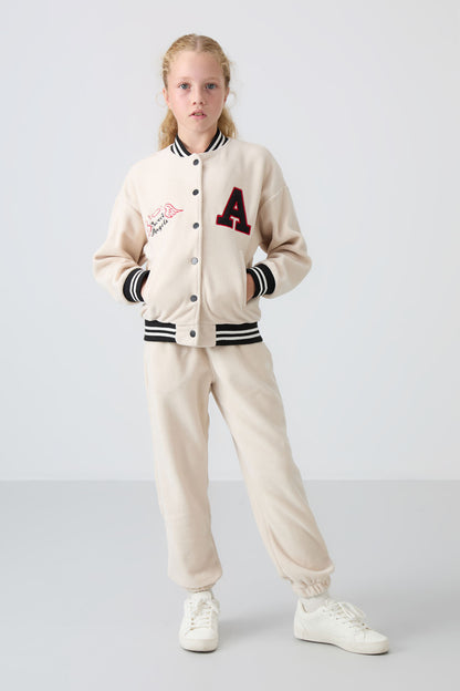 Thick Soft Textured Standard Fit Embroidered Fleece Girls' College Jacket - 75156