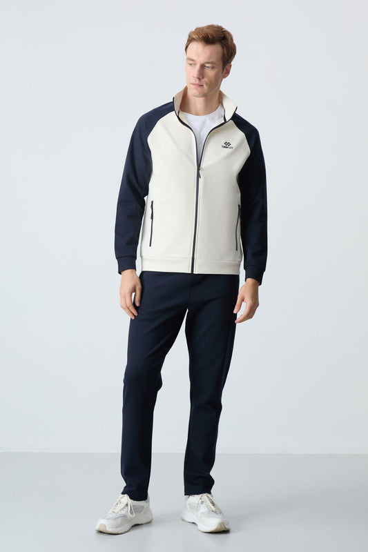 Navy Blue Thick Collar Two-Tone Comfort Fit Classic Hem Men's Tracksuit Set - 85113