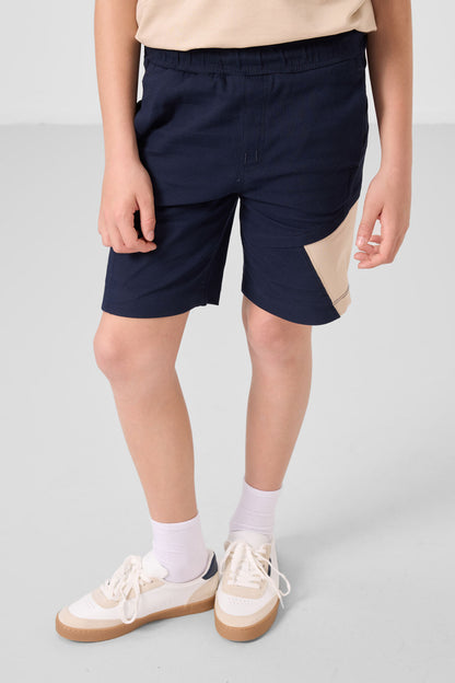 Beige-Navy Cotton Oversize Fit Weaving Lightweight Flexible Chino Boy Shorts Set - 11275