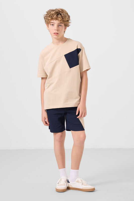 Beige-Navy Cotton Oversize Fit Weaving Lightweight Flexible Chino Boy Shorts Set - 11275