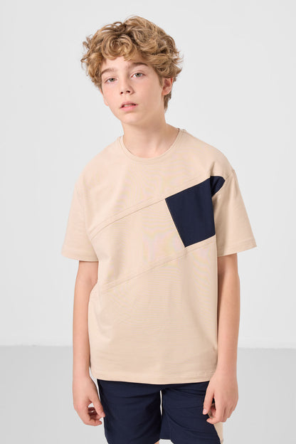 Beige-Navy Cotton Oversize Fit Weaving Lightweight Flexible Chino Boy Shorts Set - 11275