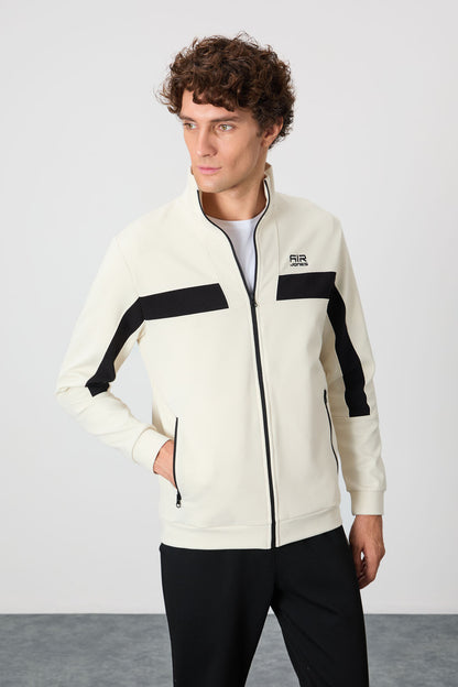 Black-White Textured Surface Standard Fit Embroidered Men's Tracksuit Set - 85248