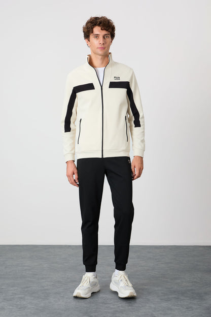 Black-White Textured Surface Standard Fit Embroidered Men's Tracksuit Set - 85248