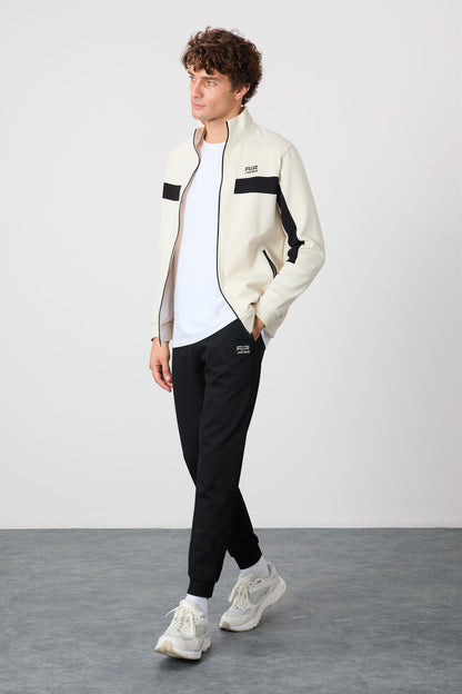 Black-White Textured Surface Standard Fit Embroidered Men's Tracksuit Set - 85248