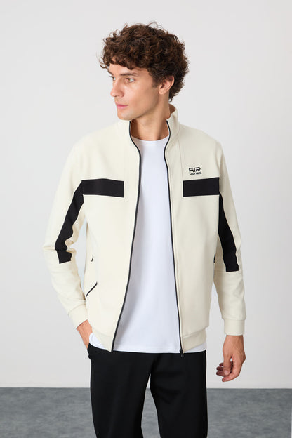 Black-White Textured Surface Standard Fit Embroidered Men's Tracksuit Set - 85248