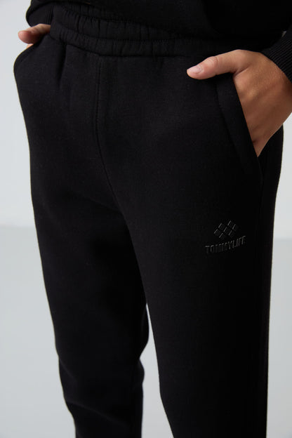 Black-White Cotton Thick Fleece-Lined Soft Textured Standard Fit Embroidered Boys' Tracksuit Set - 11255