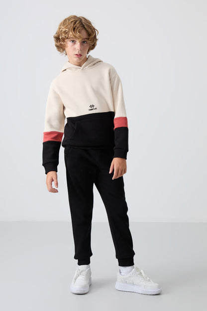 Black-White Cotton Thick Fleece-Lined Soft Textured Standard Fit Embroidered Boys' Tracksuit Set - 11255