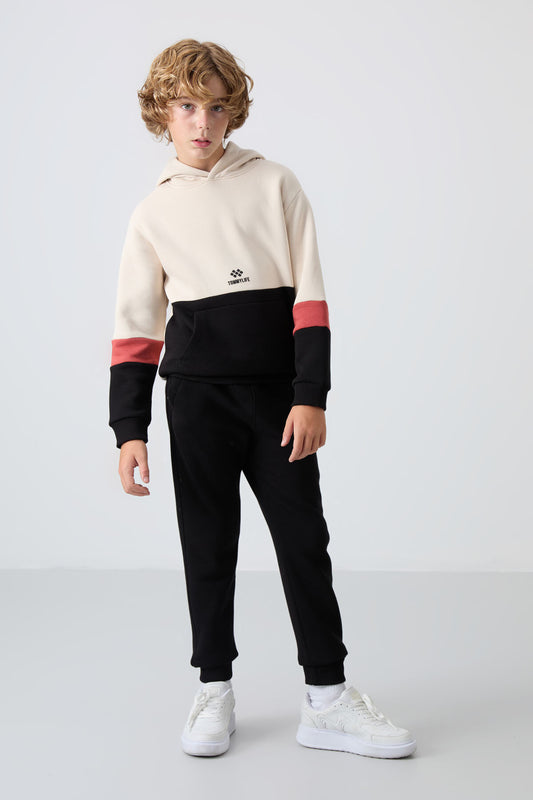 Black-White Cotton Thick Fleece-Lined Soft Textured Standard Fit Embroidered Boys' Tracksuit Set - 11255