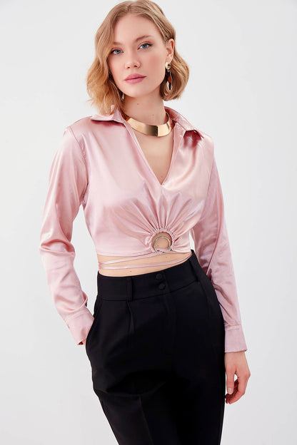 WAIST-PARTED CROP SATEN BLOUSE