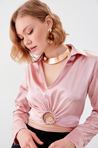 WAIST-PARTED CROP SATEN BLOUSE