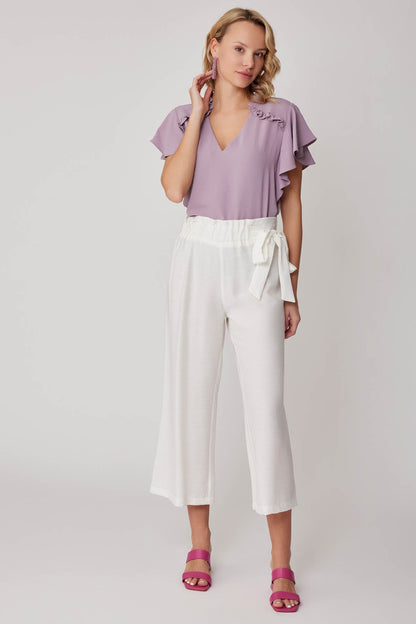 SIDE-BOW BELT WIDE-LEG CROP TROUSERS