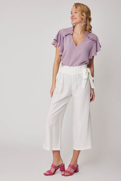 SIDE-BOW BELT WIDE-LEG CROP TROUSERS