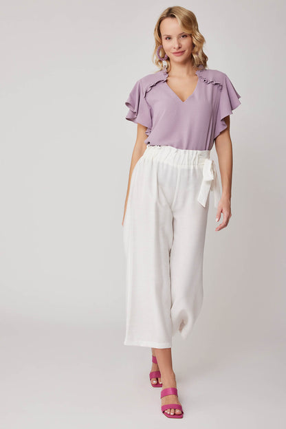 SIDE-BOW BELT WIDE-LEG CROP TROUSERS