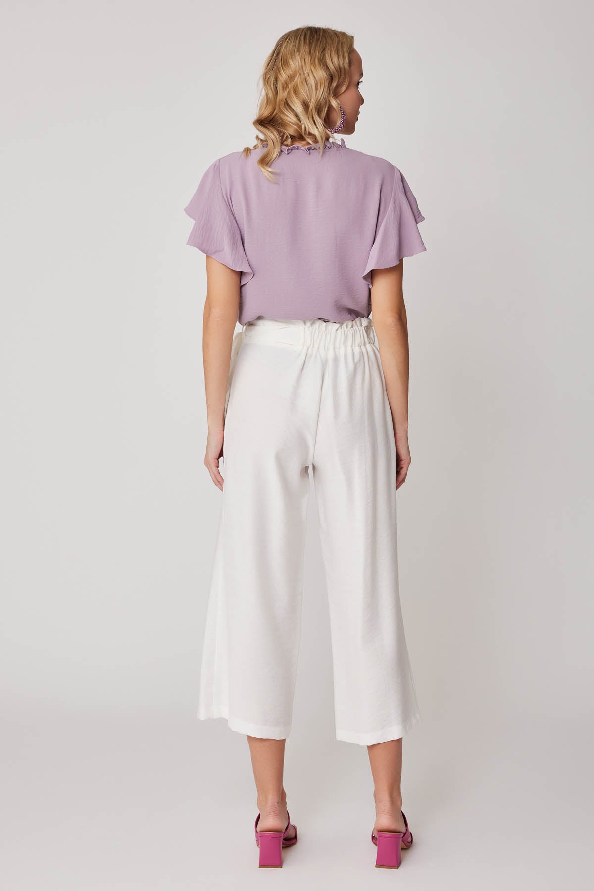 SIDE-BOW BELT WIDE-LEG CROP TROUSERS
