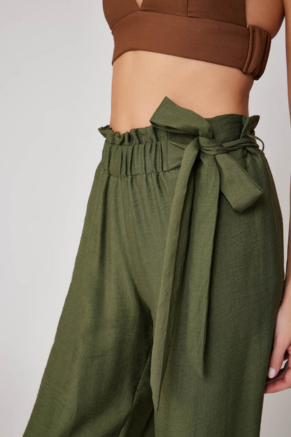 SIDE-BOW BELT WIDE-LEG CROP TROUSERS