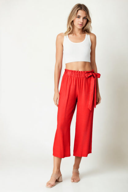SIDE-BOW BELT WIDE-LEG CROP TROUSERS