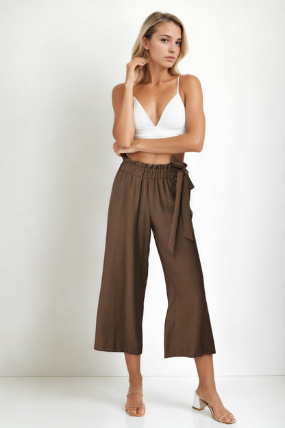 SIDE-BOW BELT WIDE-LEG CROP TROUSERS